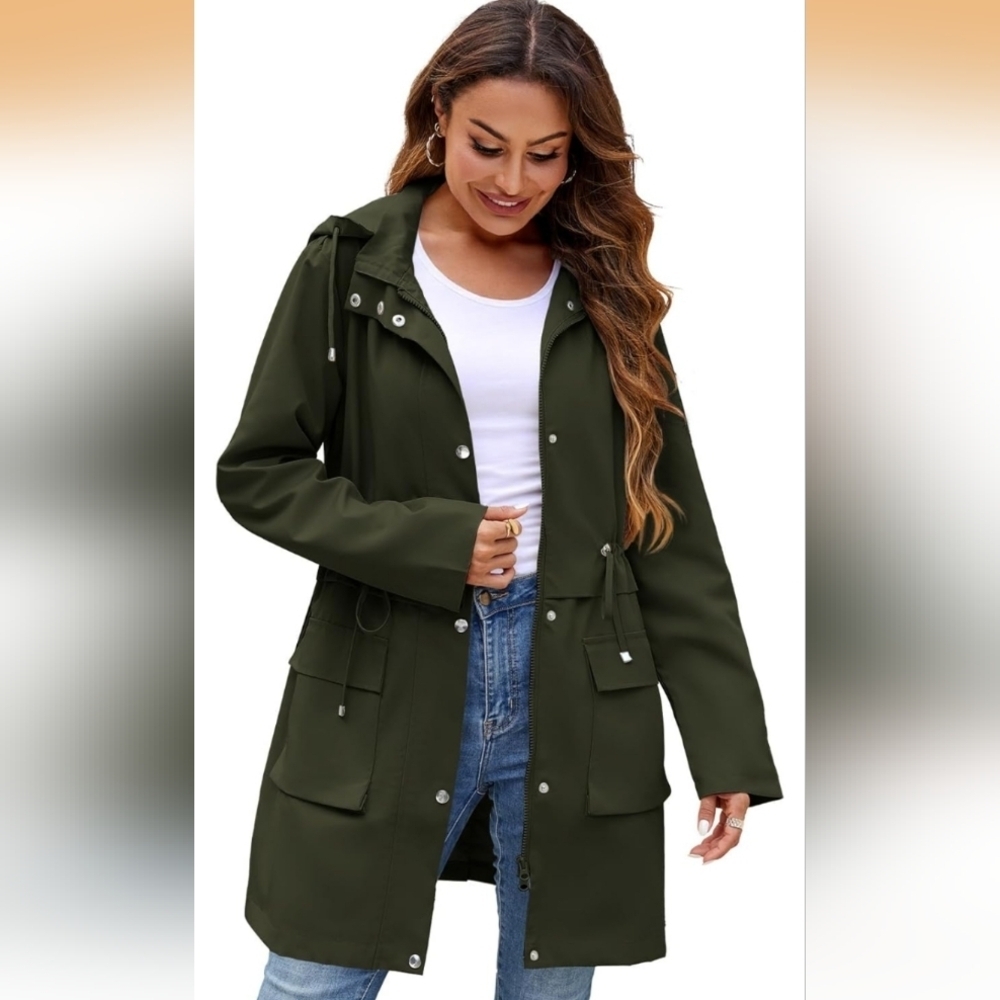 Mixxmix Olive Green Hooded Rain Jacket Trench L (EUC) - Picture 3 of 15